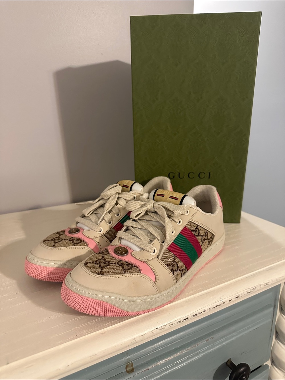 Gucci Cream, Pink & Green GG Canvas Low-Top Sneakers